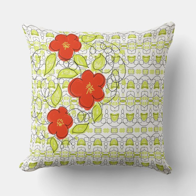 Coussin décoratif à fleurs rouges avec Motif à cha (Recto)