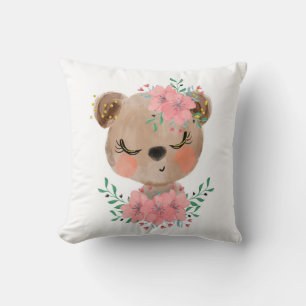 Coussin décoratif à l'ours aquarelle et floraux