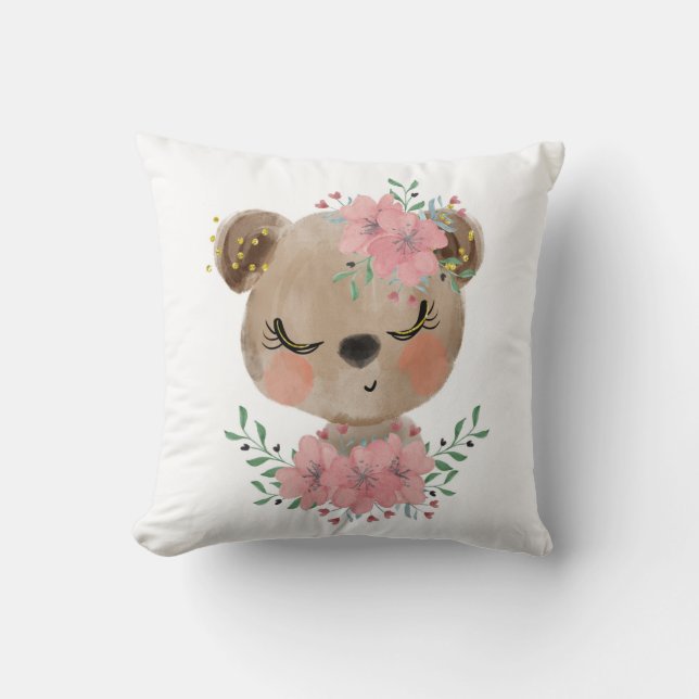 Coussin décoratif à l'ours aquarelle et floraux (Recto)