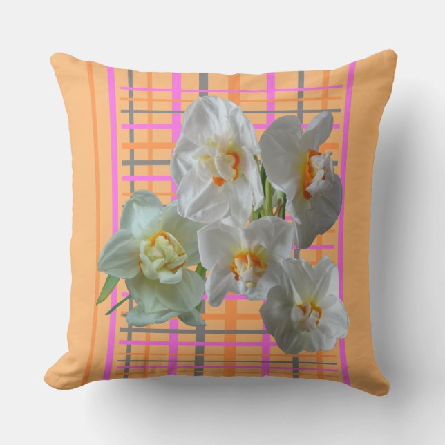 Coussin décoratif à motif à carreaux et jonquilles (Recto)