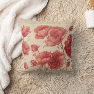 Coussin décoratif à motif botanique de coquelicot