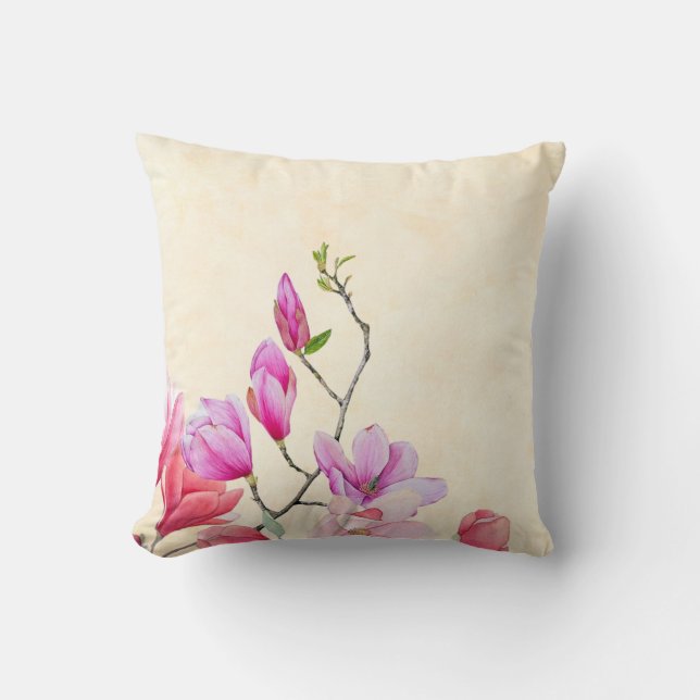 Coussin décoratif à motif de magnolia rose (Recto)
