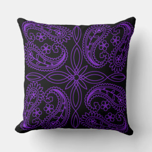 Coussin décoratif à motif floral paisley noir et v