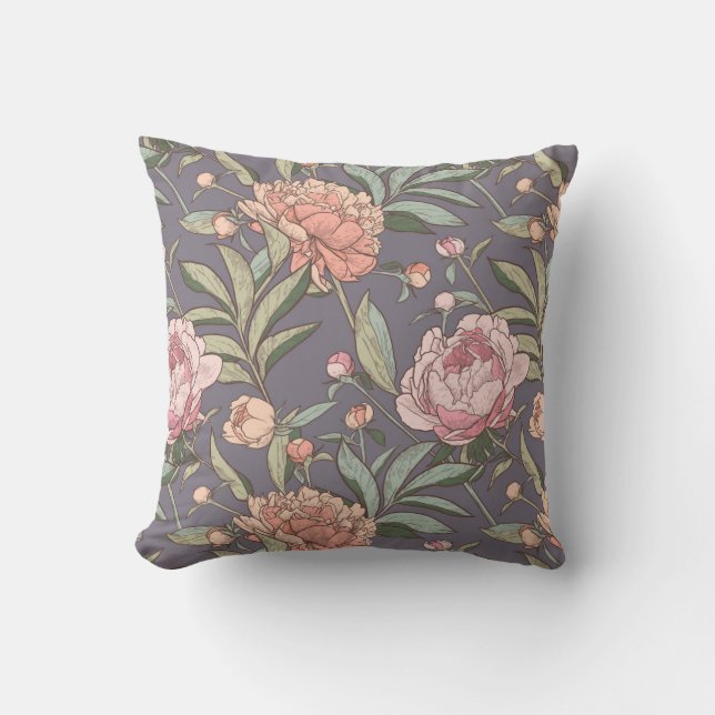 Coussin décoratif à motif floral rose, pêche et gr (Recto)