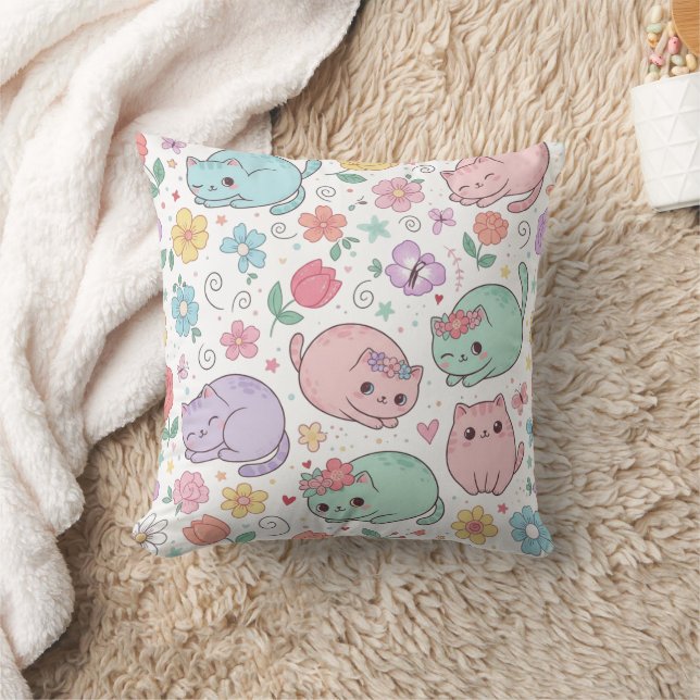Coussin décoratif aux chats pastel kawaii et fleur (Couverture)