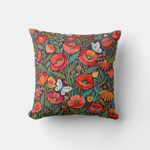 Coussin décoratif aux pavots et papillons abstrait