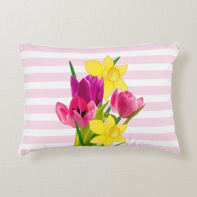 Coussin décoratif aux tulipes roses et jonquilles (Devant)