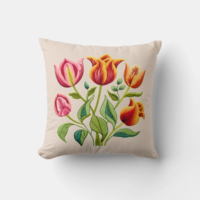 Coussin décoratif aux tulipes rouges avec une touc (Recto)