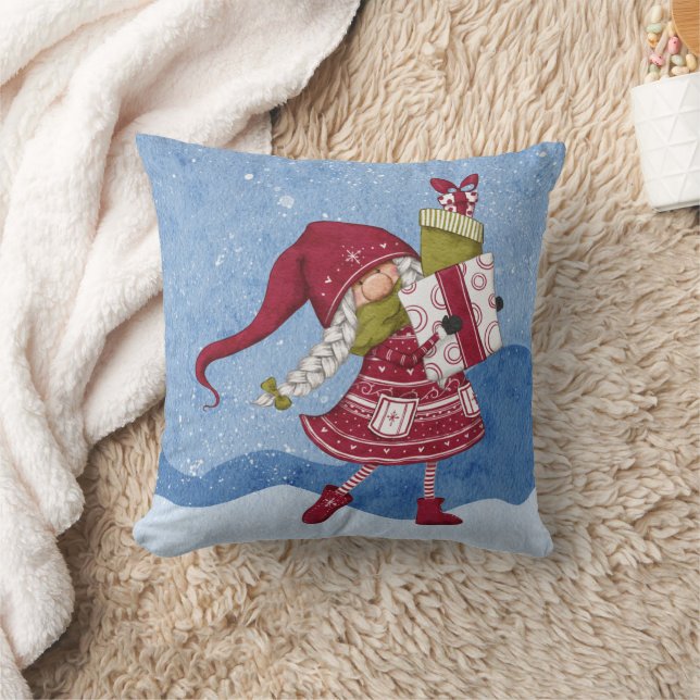 Coussin décoratif avec lutin de Noël et cadeaux (Couverture)