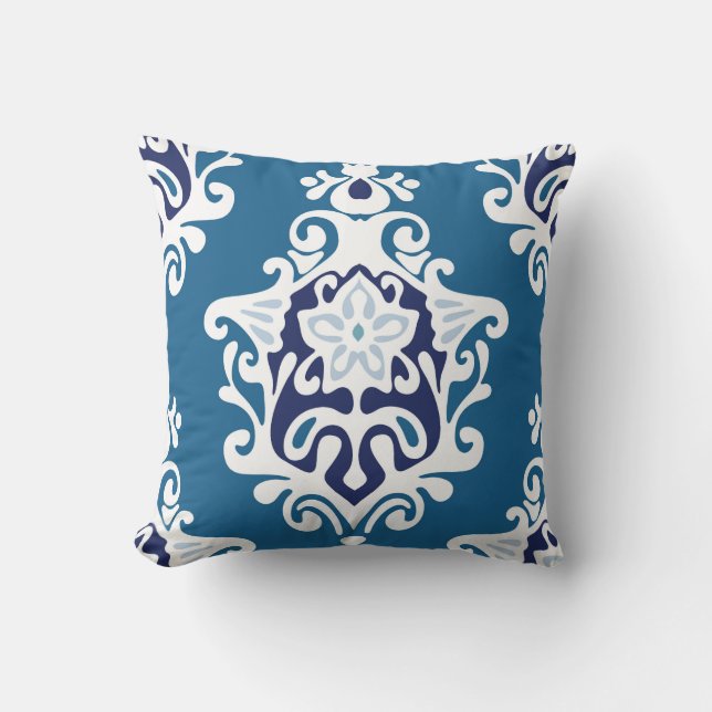 Coussin décoratif bleu Damas (Recto)