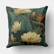 Coussin décoratif botanique tropical toucan or et