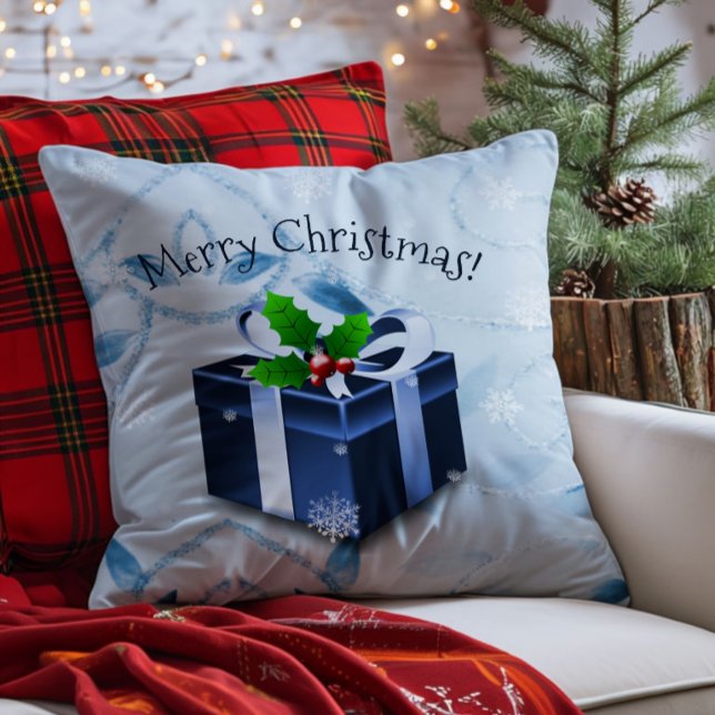 Coussin décoratif Cadeau de Noël bleu (Blue Christmas Gift Throw Pillow)