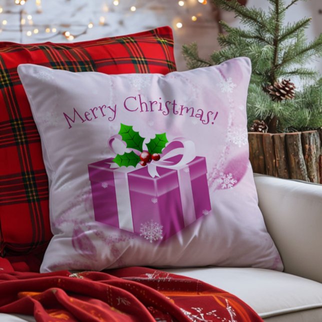 Coussin décoratif Cadeau de Noël rose (Pink Christmas Gift Throw Pillow)