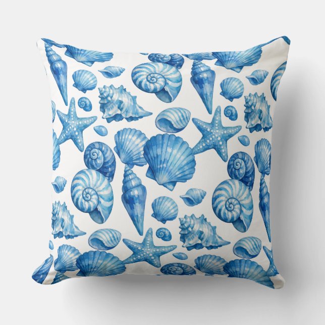 Coussin décoratif Coquillages bleus. Nautique. (Recto)