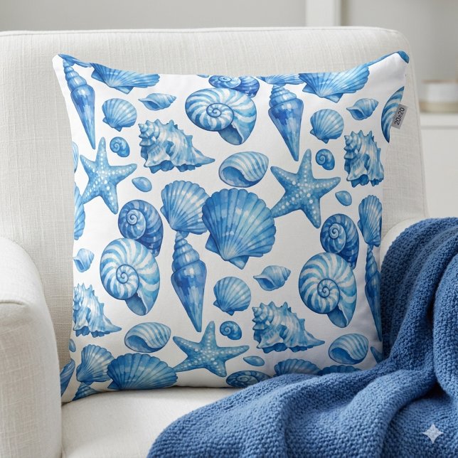 Coussin décoratif Coquillages bleus. Nautique. (Créateur téléchargé)