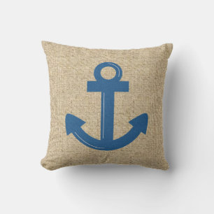 Coussin décoratif d'ancre de bateau bleu Burlap