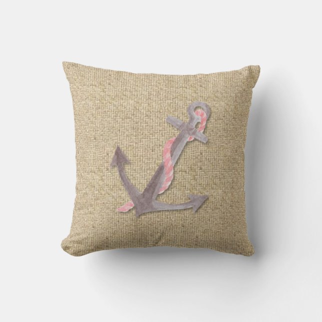 Coussin décoratif d'ancre de bateau rose Burlap (Recto)