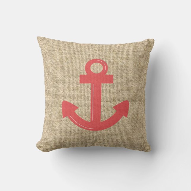 Coussin décoratif d'ancre de bateau rouge Burlap (Recto)