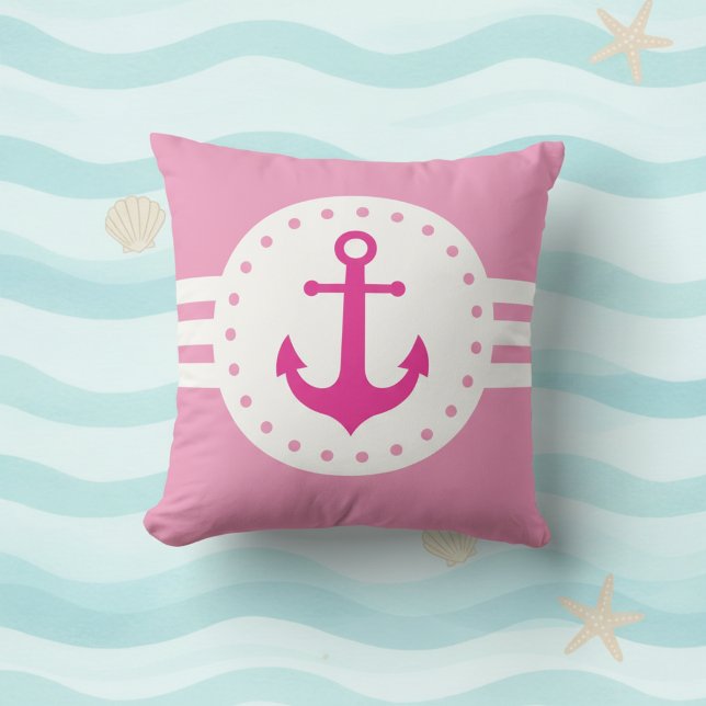 Coussin décoratif d'ancre nautique rose féminin (Girly pink and white nautical anchor throw pillow.)