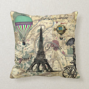 Coussin décoratif de carte vintage de Bonjour De