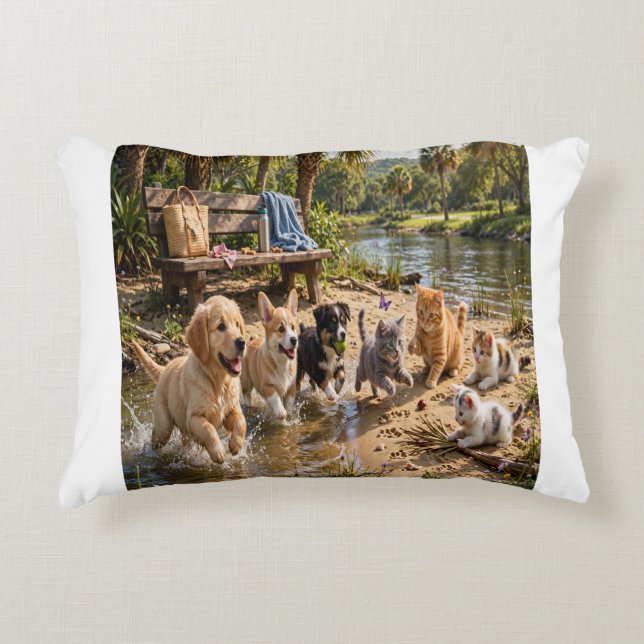 Coussin décoratif de chiots et chatons au bord de  (Devant)