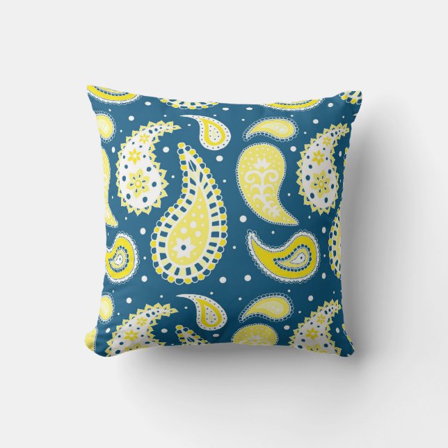 Coussin décoratif de motif jaune bleu de Paisley (Recto)