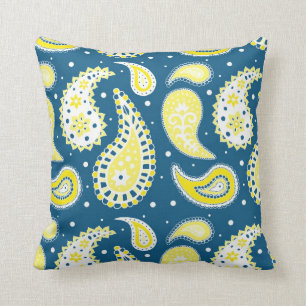 Coussin décoratif de motif jaune bleu de Paisley