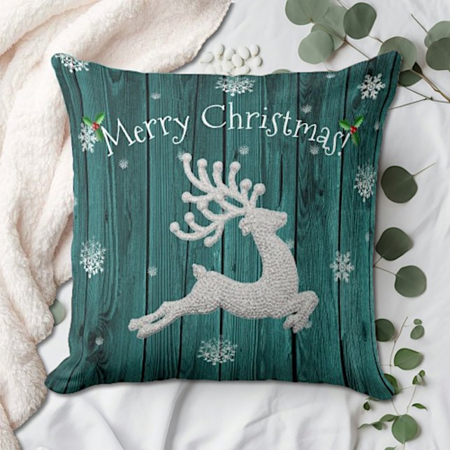 Coussin décoratif de Noël aux rennes rustique sarc (Teal Rustic Christmas Reindeer Throw Pillow)