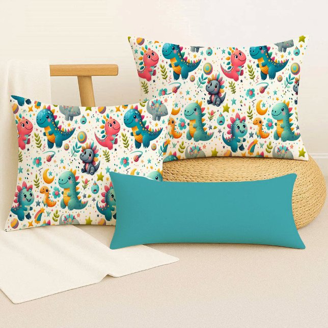 Coussin Décoratif Dinosaure Bébé Mignon Dinosaure  (Cute Baby Dinosaur Teal Colorful Dino Throw Pillow)