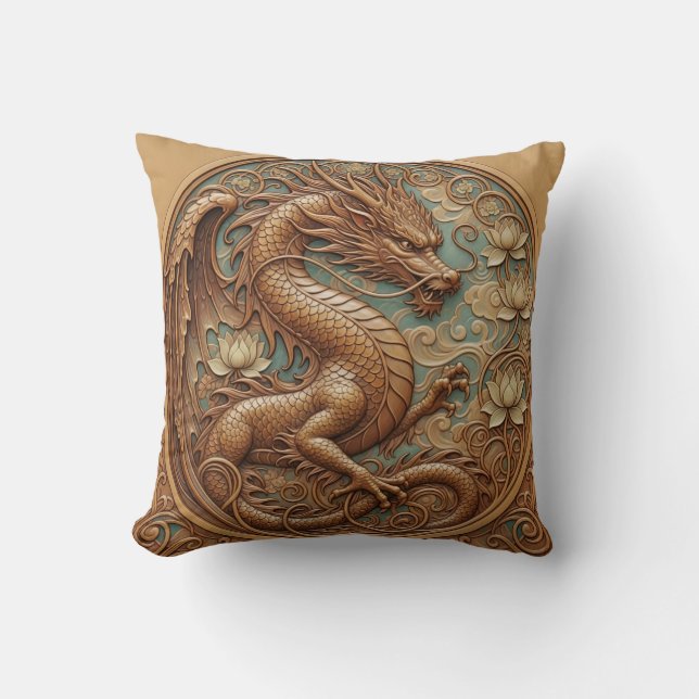 Coussin décoratif effet sculpture sur bois dragon (Recto)