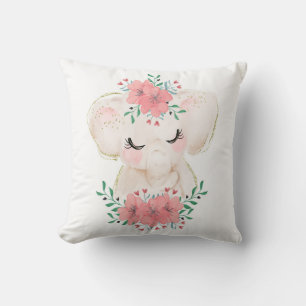 Coussin décoratif éléphant à l'aquarelle avec flor