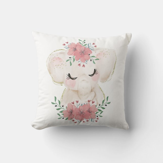 Coussin décoratif éléphant à l'aquarelle avec flor (Recto)
