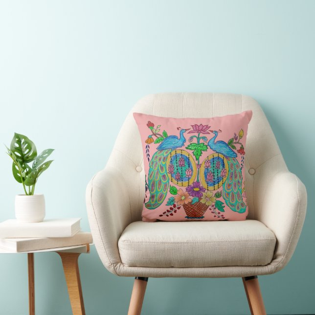 Coussin décoratif en art populaire de paon (Chaise)