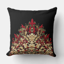 Coussin décoratif en damas noir et or rouge