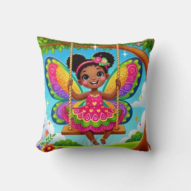 COUSSIN DÉCORATIF « FÉE HEUREUSE SUR UN BALANÇOIRE (Recto)