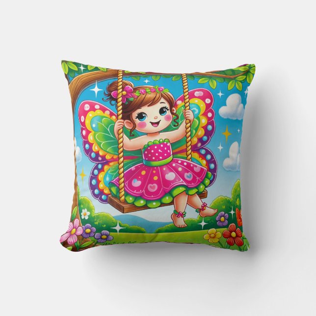 COUSSIN DÉCORATIF « FÉE SOURIANTE SUR UN BALANÇOIR (Recto)