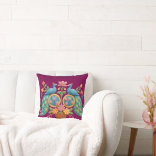 Coussin décoratif festif Paon et Lotus