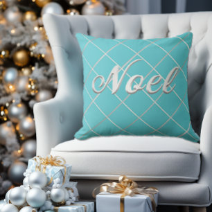 Coussin Décoratif Festif Turquoise Bleu & Argent Noel