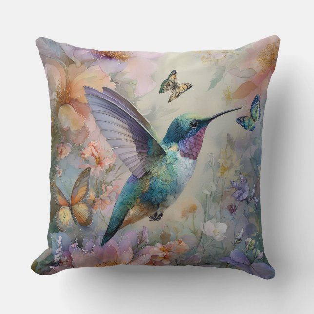 Coussin Décoratif Fleurs Oiseaux-Mouches (Recto)