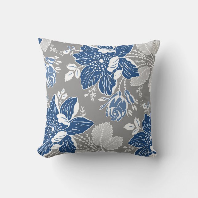Coussin décoratif floral bleu-foncé de blanc gris (Recto)