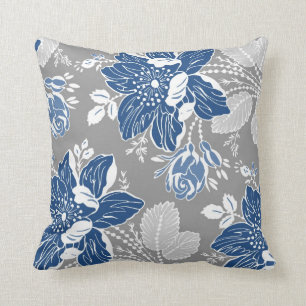 Coussin décoratif floral bleu-foncé de blanc gris
