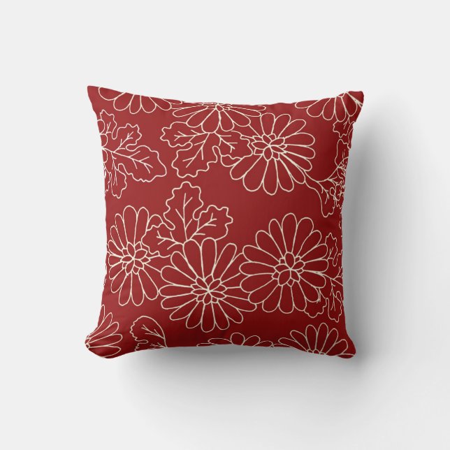 Coussin décoratif floral rouge et crème (Recto)