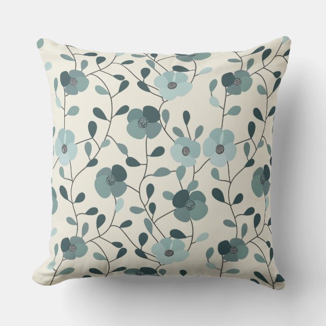 Coussin décoratif floral vert cyan et beige (Recto)