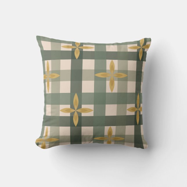 Coussin décoratif Gingham vert et feuilles  (Recto)