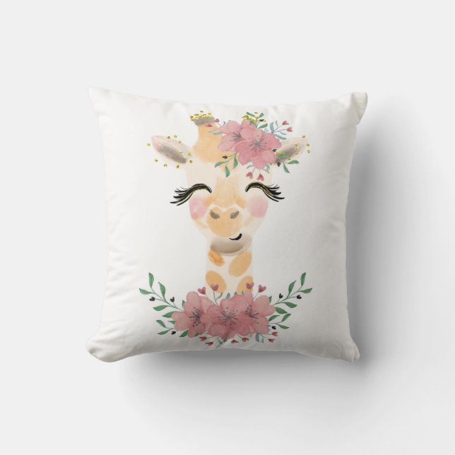 Coussin décoratif girafe à l'aquarelle avec florau (Recto)