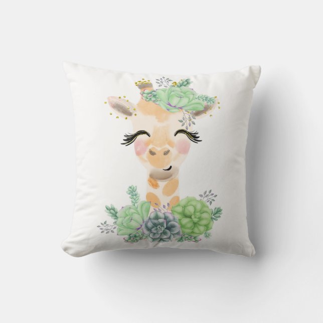 Coussin décoratif girafe à l'aquarelle avec succul (Recto)