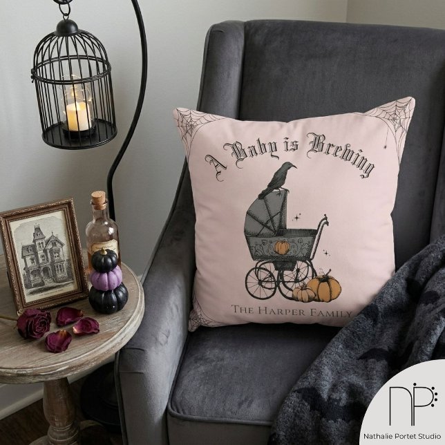 Coussin décoratif gothique A Baby is Brewing (Gothic A Baby is Brewing throw pillow, hand-drawn ink art, blush pink, fine-line nursery decor)
