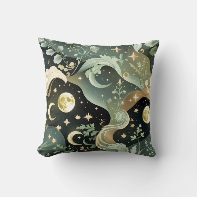 Coussin décoratif – Lune céleste vert sauge (Recto)