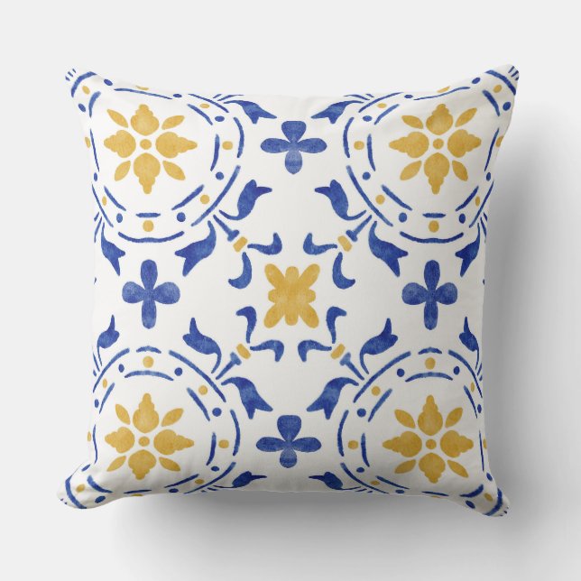 Coussin décoratif méditerranéen bleu et or (Recto)