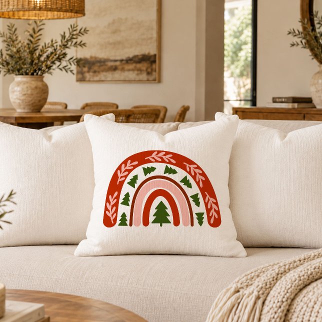 Coussin décoratif moderne de Noël Boho arc-en-ciel (Boho Christmas Rainbow Modern Throw Pillow)